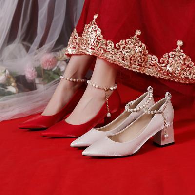 China 2022 New Quick-drying Spring Autumn Block Heels Female High-toe Ankle Wrap Wedding Bridal Shoes Outside Banquet Ladies Sandals for sale