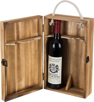 China Europe Wooden Wine Gift Box Doubles Dark Torched Top Handle Hinged Lid Carrier Whiskey Bottle Holder Wooden Gift Box With Handle for sale