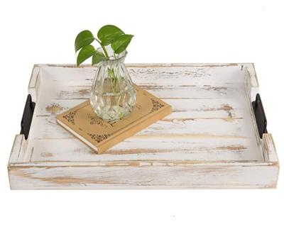 China Sustainable Bleached Wood Serving Tray Rectangular Breakfast Tray Decorative Ottoman Coffee Table With Modern Metal Handles for sale