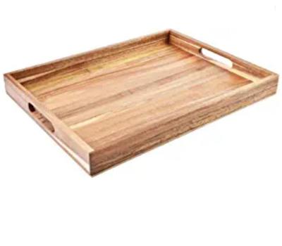 China Sustainable Acacia Wood Serving Tray with Handles Decorative Serving Trays for Breakfast in Bed Lunch Dinner Appetizers Patio Ottoma for sale