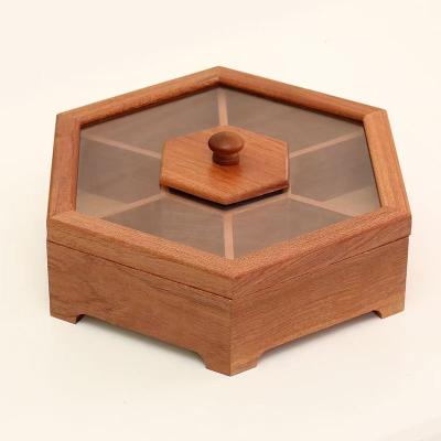 China Europe Rustic Custom Hexagon Wooden Storage Box Compartment with Lid for Fruit Nuts/Wooden Nut Tray Snack Storage Box for sale