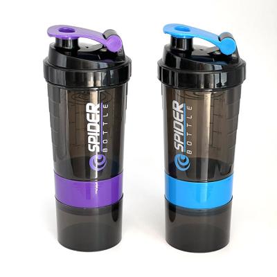 China Viable Fashionable Protein Shaker 500Ml Workout Plastic Bottle 3 Layers Custom Gym Protein Shaker Bottles With Compartment for sale