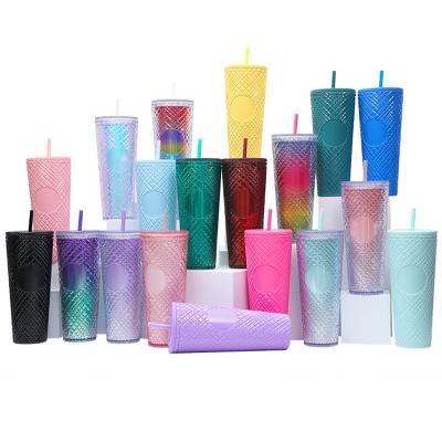 China Sustainable Reusable Diamond Drinking Cups 24 oz Various Colors Studded Double Wall Plastic Tumbler With Lid And Straw for sale