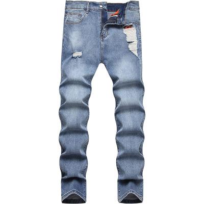 China Viable Side White Stripe Distressed Stretch Streetwear Ripped Denim Pants Men Slim Fit Holes Skinny Straight Leg Jeans for sale