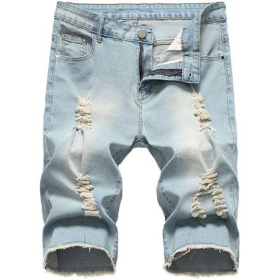 China Breathable Summer Mens Denim Shorts Ripped Loose Fit Shorts Denim Distressed Solid Color Washed Denim Shorts for sale