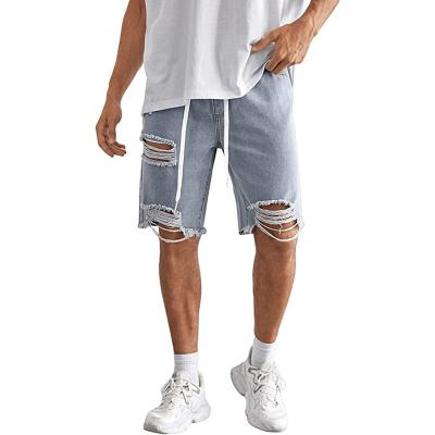 China Summer Viable New Arrival Men's Drawstring Waist Ripped Denim Shorts Raw Hem Denim Bermuda Shorts for sale