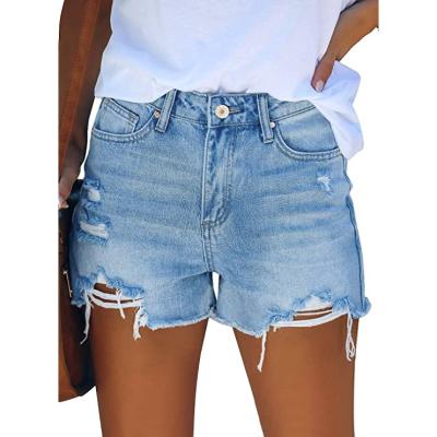 China Mid Summer Sustainable Ripped Ripped Jean Shorts Stretchy Tassel Button Fly Jeans Denim Shorts For Women for sale