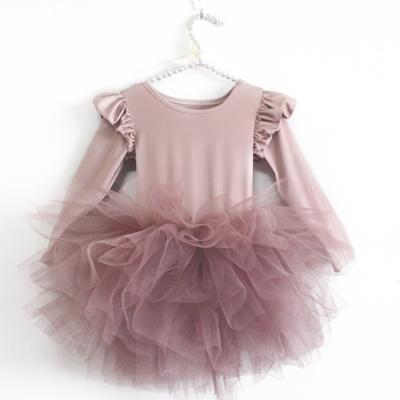 China Comfortable RTS Kids Ballet Dance Edged Leotard Solid Color Ballet Dancer Tights Babies Long Sleeve Ballet Tutu Dress for sale