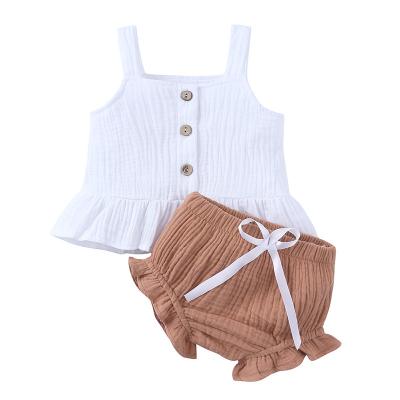 China Anti-Shrink Wholesale new design Ruffle Linen Cotton Clothes Sets sling tops shorts two-piece baby clothes set for sale