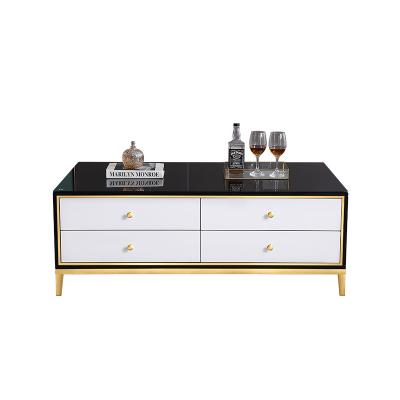 China HANYEE Extendable Living Room Tempered Rock Plate Decorative Sofa Table Golden Steel Frame Coffee Table for sale