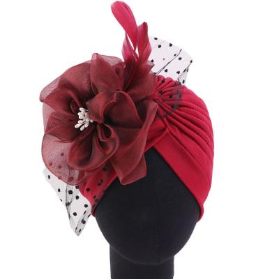 China Fashion Flower Gauze Feather Hair Cowls Scarf Hats Europe and America Long Headband Sleep Popular Cap Hat With Elastic Wide Band for sale