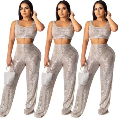 China KD0819 New Arrival QUICK DRY Sequin Two Piece Pants Set Tops Casual Women Summer 2021 Pant Tank Two Piece Sets for sale