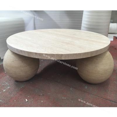 China Modern Base Natural Marble Design Custom Natural Stone Marble Design Travertine Three Ball Sphere Furniture Project Stone Coffee Table Luxury Round for sale