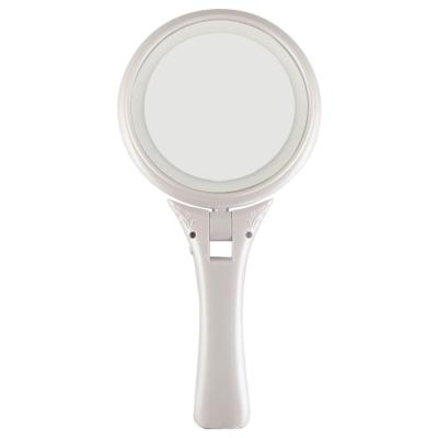 China Lighted 2 In 1 Hand And Small Round Desktop Mirror 5X Double Side Magnifying LED With 8 LED Lights Customized Logo Hand Mirror for sale