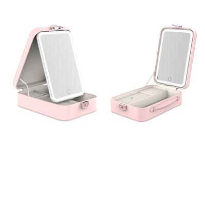 China Lighted Rechargeable Makeup Mirror Portable Vanity Cosmetic Make Up Box Case With Led Lights for sale