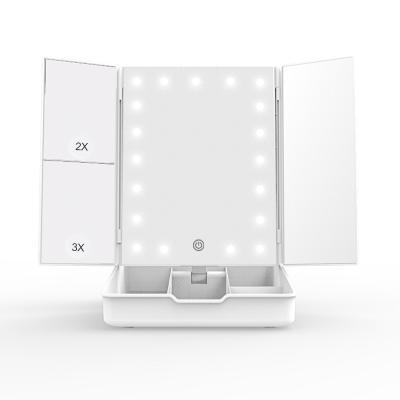 China 2X 3X LED Lighted Magnifying Triple Mirror Makeup Mirror With Storage Box for sale