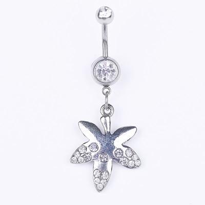 China FASHIONABLE Silver Luxury Alloy Belly Button Nailing Designer Rhinestone Maple Leaf Belly Ring for sale