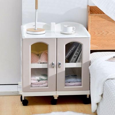 China Adjustable (height) Mobile bedside table nightstand cabinet bedroom furniture modern fashion design plastic multi layer storage shelf multifunction for sale