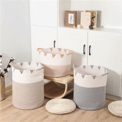 China Sustainable Cotton Woven Storage Bucket Storage Basket Sundries Straw Smock Clothes Rope Storage Basket Dry Laundray Basket for sale