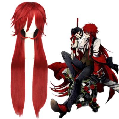 China Straight Long Butler Grell Sutcliff 100cm Dark Red Black Ponytail Cosplay Wigs for sale