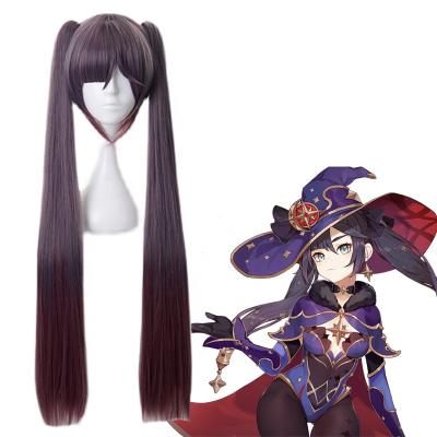 China Wholesale Straight Purple Wig Impact Genshin's Mona Peluca Synthetic Anime Hair Mixed Wig 80cm Long With Two Ponytails for sale