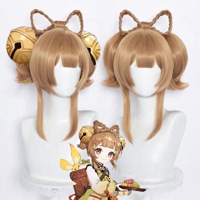 China Genshin Impact Wigs 40cm Long Yaoyao Peluca Wholesale Light Brown Medium Straight Anime Cosplay Synthetic Wigs With Two Ponytails for sale