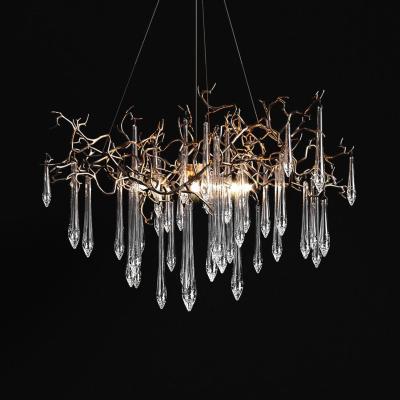 China Traditional Modern Brass Branch Lighting Antique Brass Crystal Chandelier Long Chandeliers Lights Crystal Pendant Lamps for sale