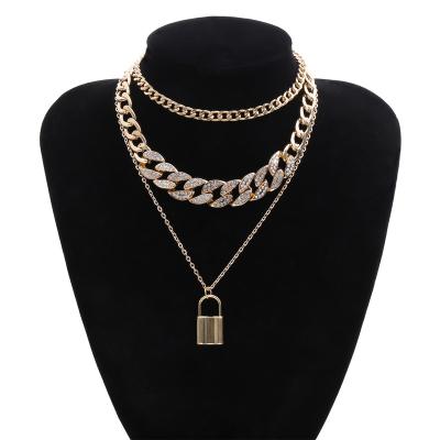 China Hiphop accept order fast delivery jewelry punk top selling rhinestones chain layer necklace for women fashion lock pendant for sale