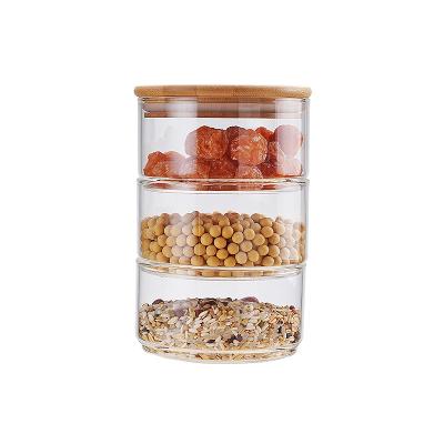 China 3-Tier Heatable Glass Food Jar With Bamboo Lid Clear Glass Storage Jar for sale