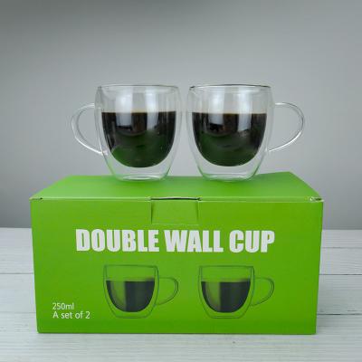 China New 250ml 2 Pcs Double Wall Stored Glass Mug Set Clear Glass Cup With Handle for sale