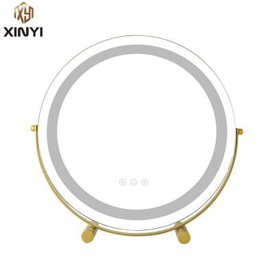 China Hot Selling Lighted Round LED Benchtop Makeup Mirror With Light Tricolor Dimming Beauty Mirror Hollywood Touch Smart Vanity Mirror for sale