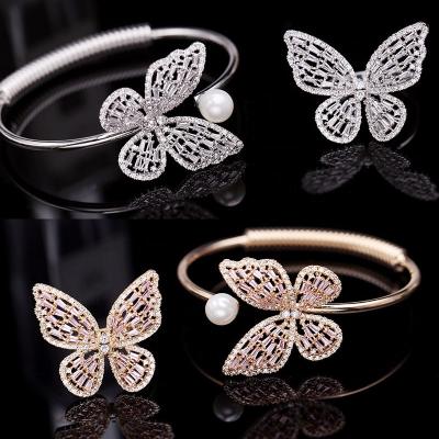 China No Fade Women's Hollow-Out Pearl Open Bracelet, Rose Gold Butterfly Zircon Bracelet Female Custom Wholesale for sale