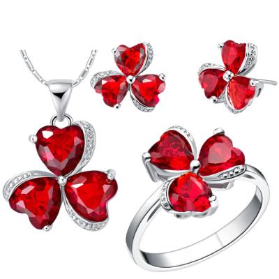 China No Fade Colored Clover Jewelry Set, Heart-cut Zircon Dangle Earrings Ring for sale