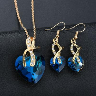 China No Fade Beautiful Heart-Shaped Crystal Earrings Necklace Jewelry Set For Female for sale