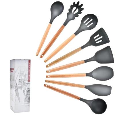 China Sustainable 8pcs Silicone Cookware Kitchen Utensil Set - Wooden Silicone Spatula Set for sale