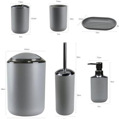 China Viable 6PCS Gray Plastic Bathroom Accessories Set Toothbrush Holder Soap Dispenser Soap Dispenser Toilet Brush Holder Bin for sale