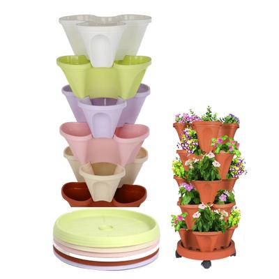 China Durable Wholesale Durable Multi Color Self Watering Plant Movable Stackable Plastic Plant Pots With Wheels for sale