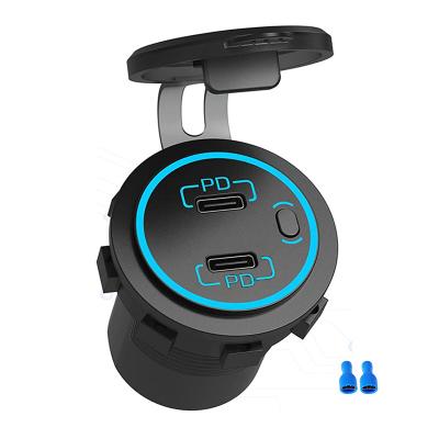 China 20W Dual USB Waterproof Charging Adapter Palladium Quick Type C Waterproof Charger Plug Socket With Switch For Car Marine Motorcycle RTV for sale