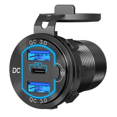 China 50W 12V 24V USB Left Car USB 3.0 Waterproof Outlet Quick Charge3.0 Type C 3 With Waterproof Aluminum Car Power Socket Adapter for sale