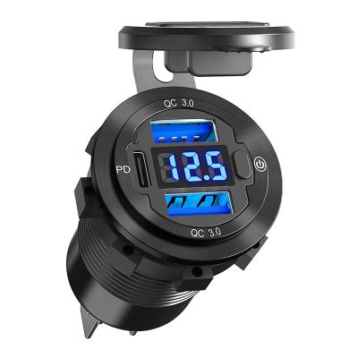 China Palladium Aluminum Waterproof 20W USB C & Dual 12V USB Multi QC3.0 18W Car with LED Voltmeter On/Off Switch for Boat Marine for sale