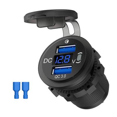 China Dual USB 12V 24V Plug Waterproof Charging QC 3.0 Left Charger With Button On Switch And Voltmeter For Car Motorcycle RV for sale