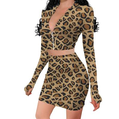 China QUICK DRY Leopard Print Mini Dress 2021 Women Clothing V-Neck Zipper Sheath Long Summer Skirt Two Piece Set for sale