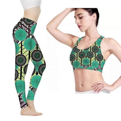 China Breathable African ethnic green pattern women fitness yoga set sports wear women sports bra fitness and yoga wear long leggings for women for sale