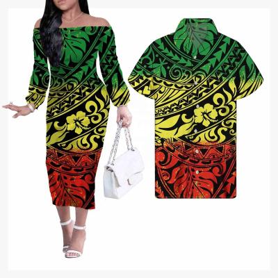 China Floral Anti-Wrinkle Colorful and Stylish Polynesian Samoa Shirts Men Off Shoulder Women Maxi Dress Two Piece Set for sale