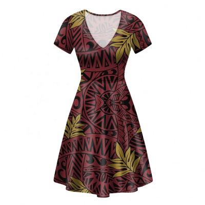 China Polynesian Red and Brown Girls' Dresses Women's Breathable V-Neckline and Leaf Print Women's Clothing 2021 Summer for sale