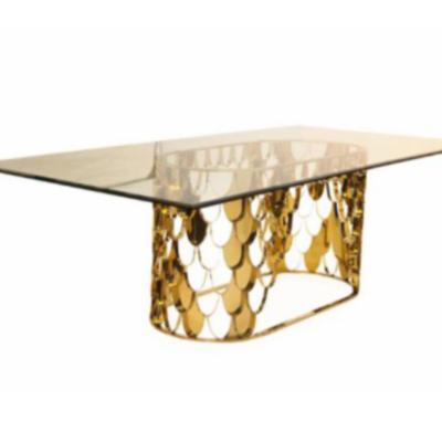 China Contemporary Modern Glass Top Leg Furniture Wholesale Gold Luxury Noble Color Dining Table Event Stainless Steel Table for sale