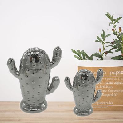 China Factory Direct Artificial Ceramic Cactus Figurine In Silver Plated For Gift Home Decoration for sale