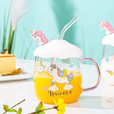 China Viable Unicorn Silicone Mug With Lid And Spoon Clear Juce Cup Coffee Glass Tea Cup With Handle And Straw for sale