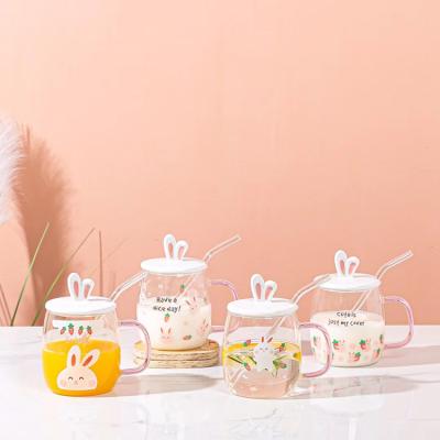 China Wholesale Viable Clear Glass Cup Rabbit Ear Mug Good Morning Water Juce Cartoon Personalized Coffee Mugs With Lid And Straw for sale