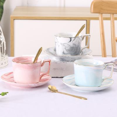 China Viable European Wholesale Classic Marble Mug Cup Tea Cup China Style Ceramic Coffee Cup And Saucer Set With Gold Spoon 12 Set for sale